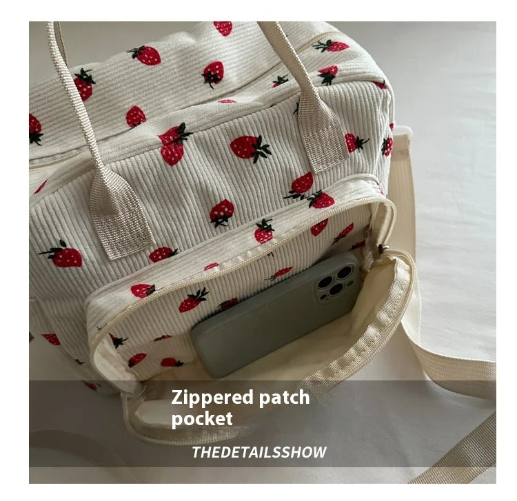 Strawberry Shoulder Bag Fashion Corduroy tote bags Large Capacity females women handbag Adjustable Strap Outdoor Travel Bag 2025