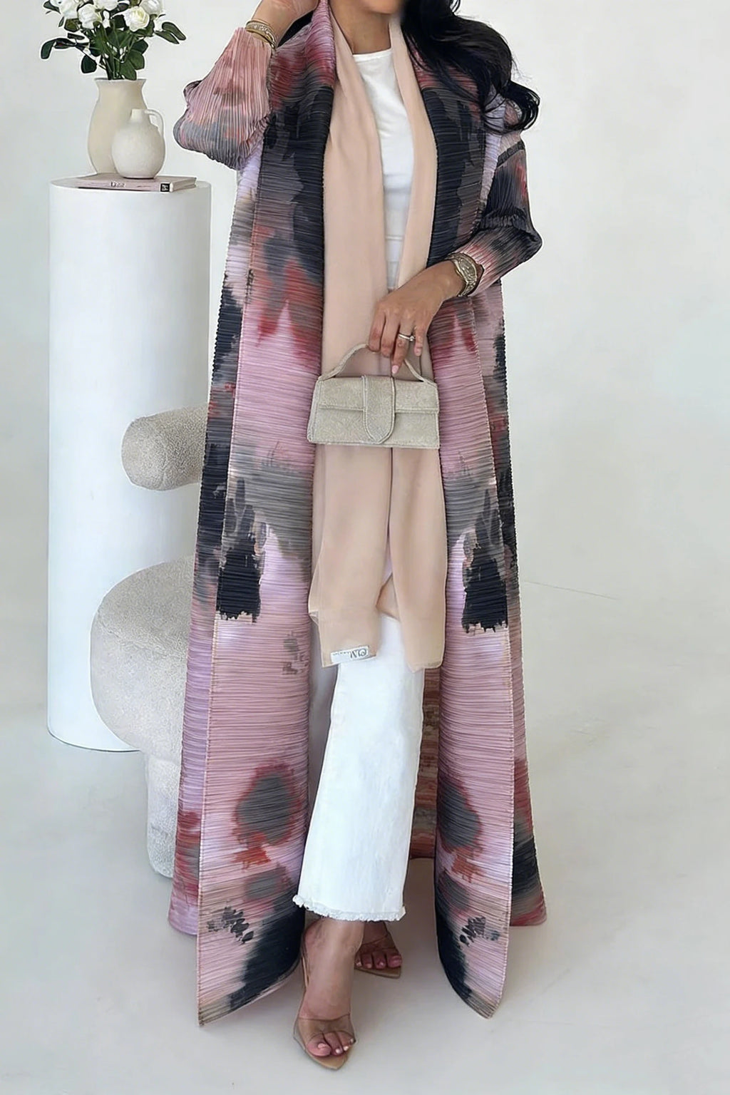 Miyake Pleated Long Sleeve Turndown Collar Cardigan Fashionable Printed Abaya Women 2026 New Dubai Designer Elegant Loose Coats