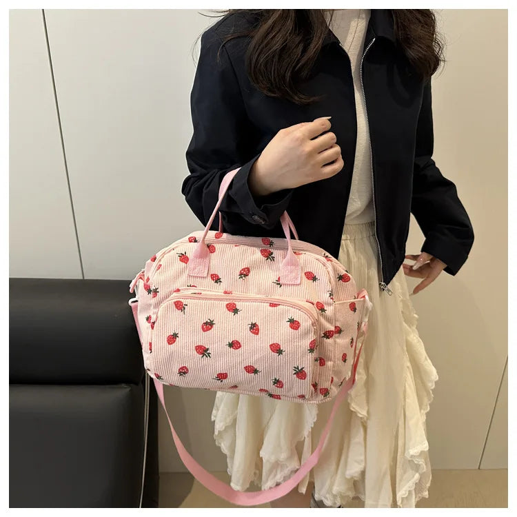 Strawberry Shoulder Bag Fashion Corduroy tote bags Large Capacity females women handbag Adjustable Strap Outdoor Travel Bag 2025