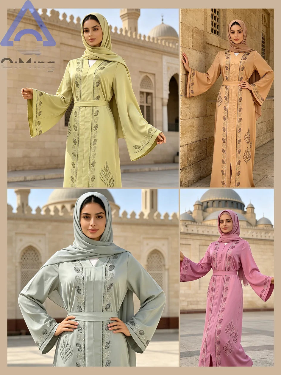 Traditional Moroccan Abaya Women Arabian Diamond Embellished Dress Muslim Romance Soft Outfit Turban For Eid Palestinian Prayer
