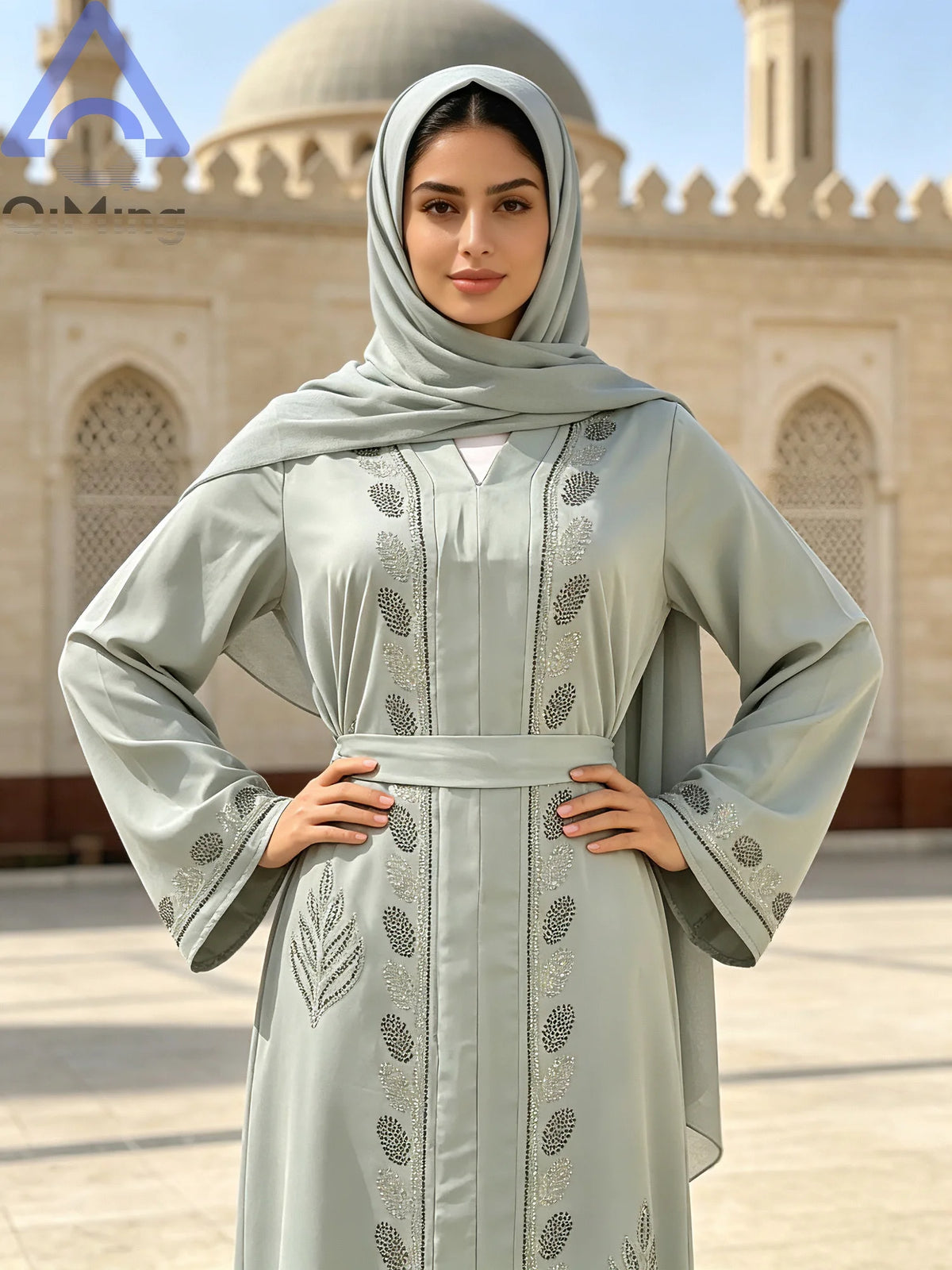 Traditional Moroccan Abaya Women Arabian Diamond Embellished Dress Muslim Romance Soft Outfit Turban For Eid Palestinian Prayer
