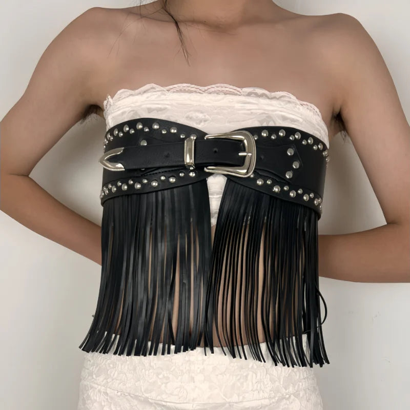 Retro Belt Western Cowboy Fringe Belt Bohemian-style Wide Waist Belt With Tassels Gothic Punk Fashion Belt Pu Material