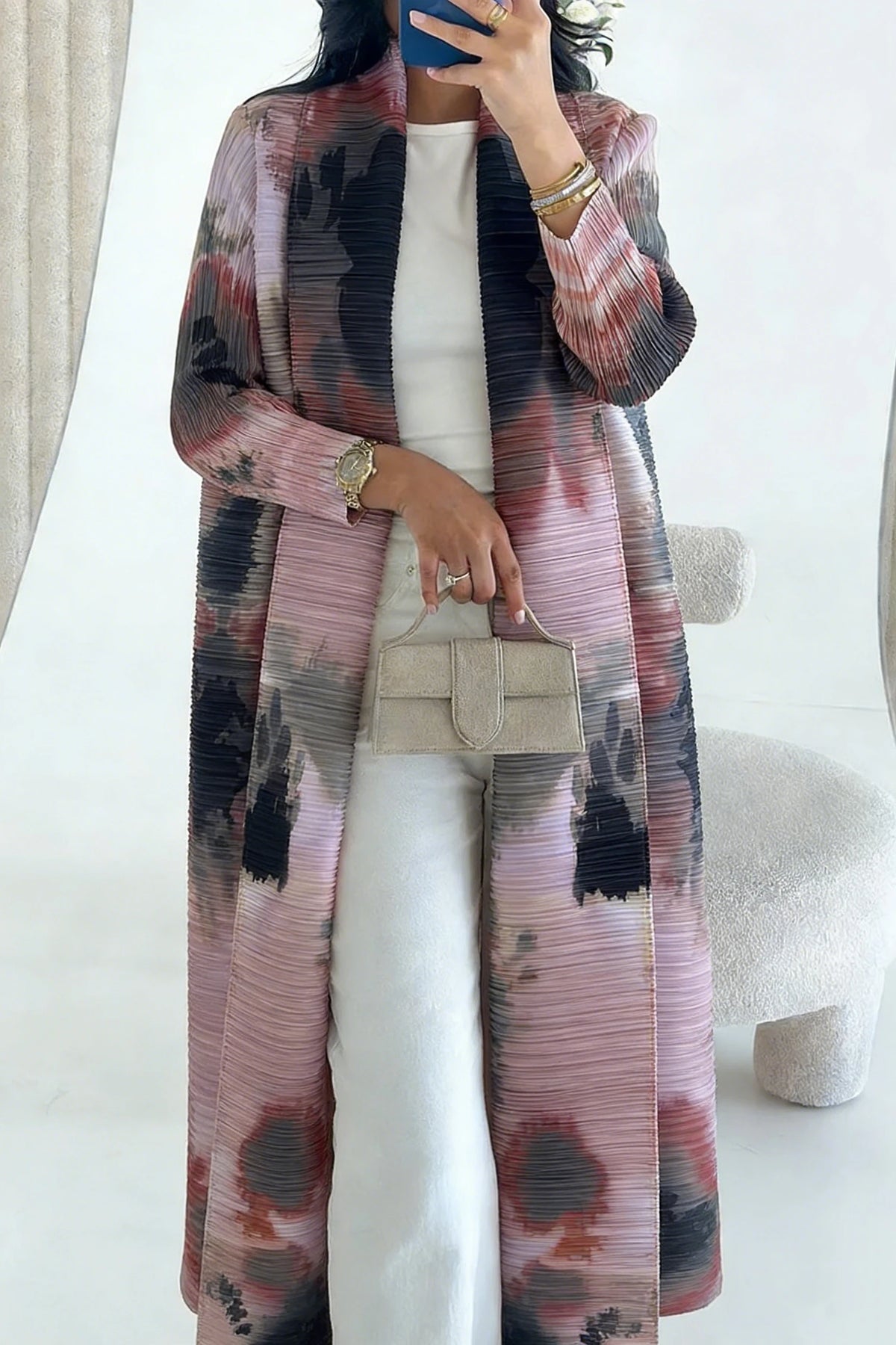 Miyake Pleated Long Sleeve Turndown Collar Cardigan Fashionable Printed Abaya Women 2026 New Dubai Designer Elegant Loose Coats
