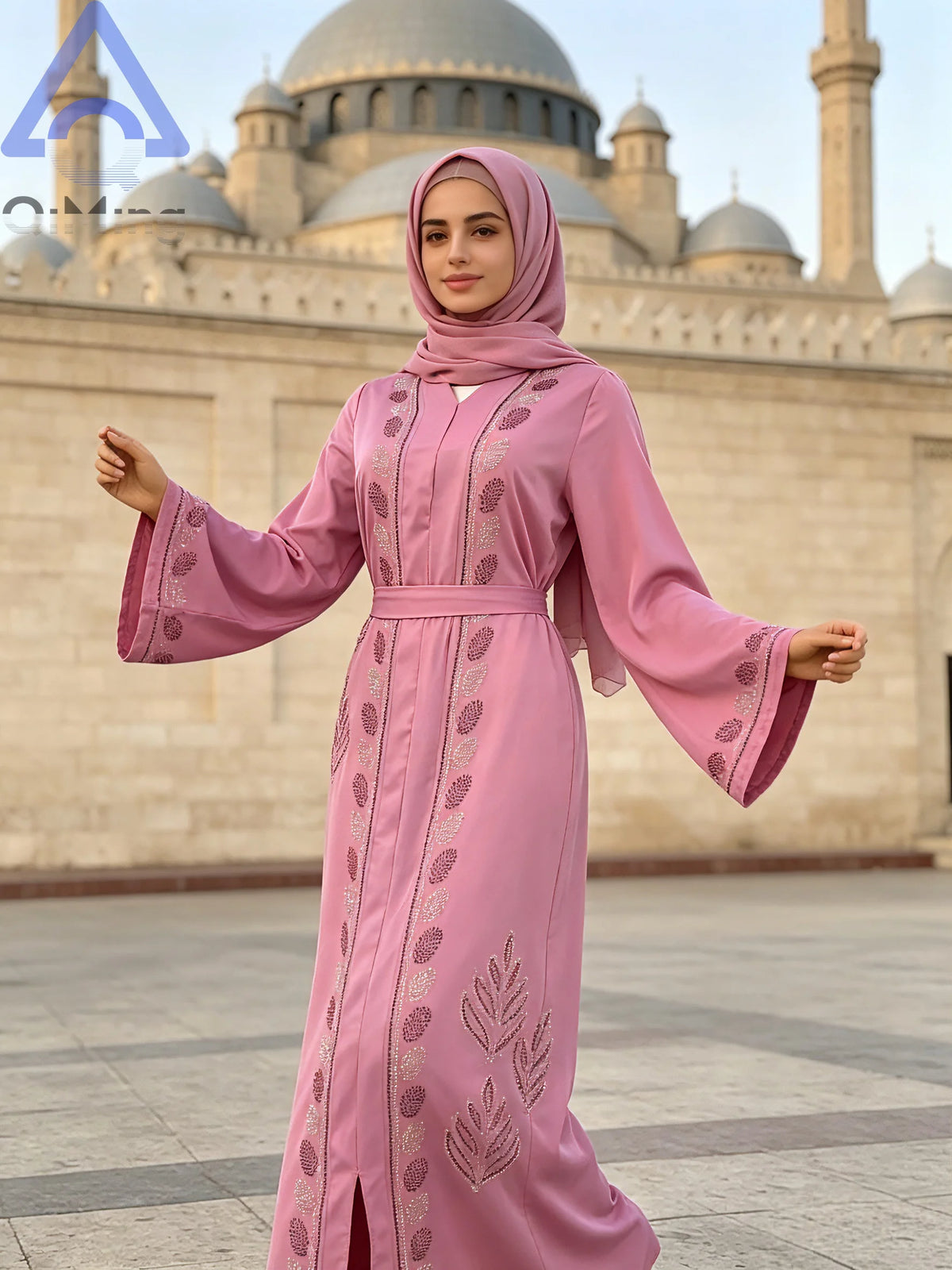 Traditional Moroccan Abaya Women Arabian Diamond Embellished Dress Muslim Romance Soft Outfit Turban For Eid Palestinian Prayer