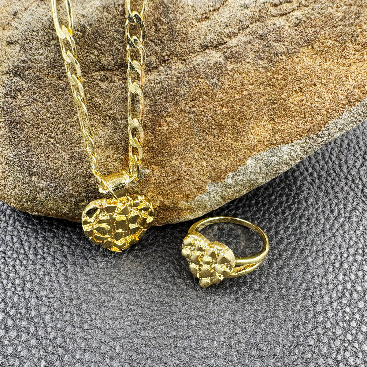 14k gold plated heart shape necklace and nugget ring hip hop fashion jewelry set with cookie texture for women