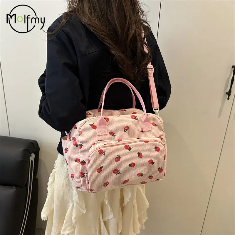 Strawberry Shoulder Bag Fashion Corduroy tote bags Large Capacity females women handbag Adjustable Strap Outdoor Travel Bag 2025