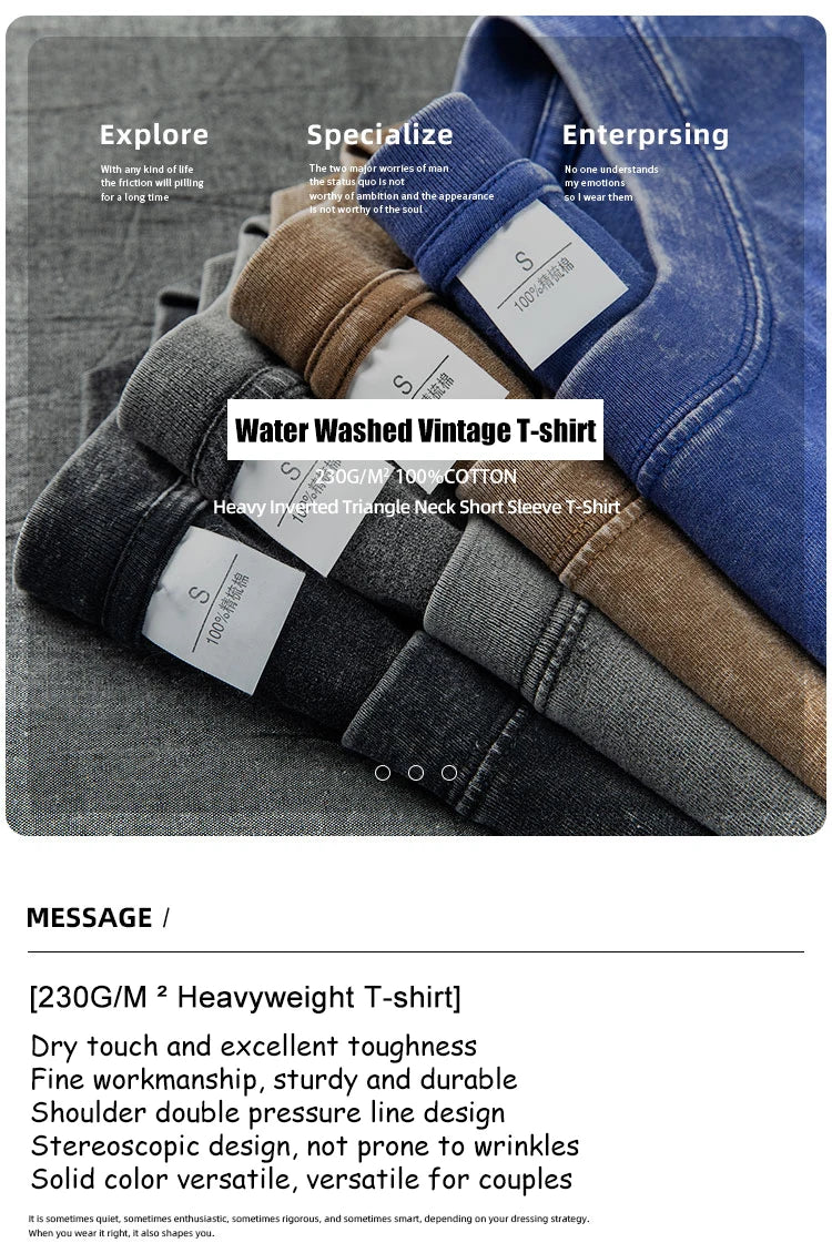 Washed And Distressed 230g Heavyweight Cotton Short Sleeved T-shirt Versatile Men Women Summer Solid Color Loose T Shirts Top