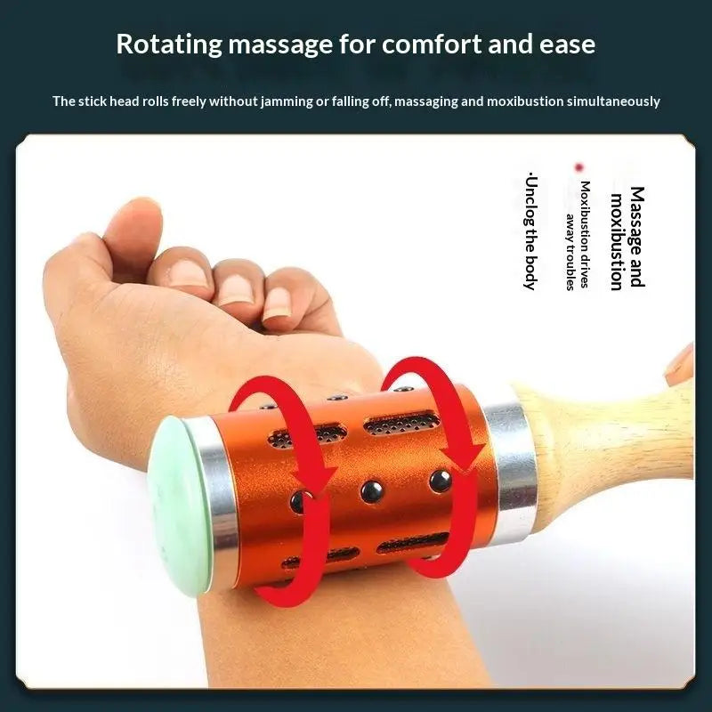 Jade Gua Sha Moxibustion Stick 360° Rotation Raised Point Massage Tool 1 Set for Facial Skin Care Body Stress Relief
