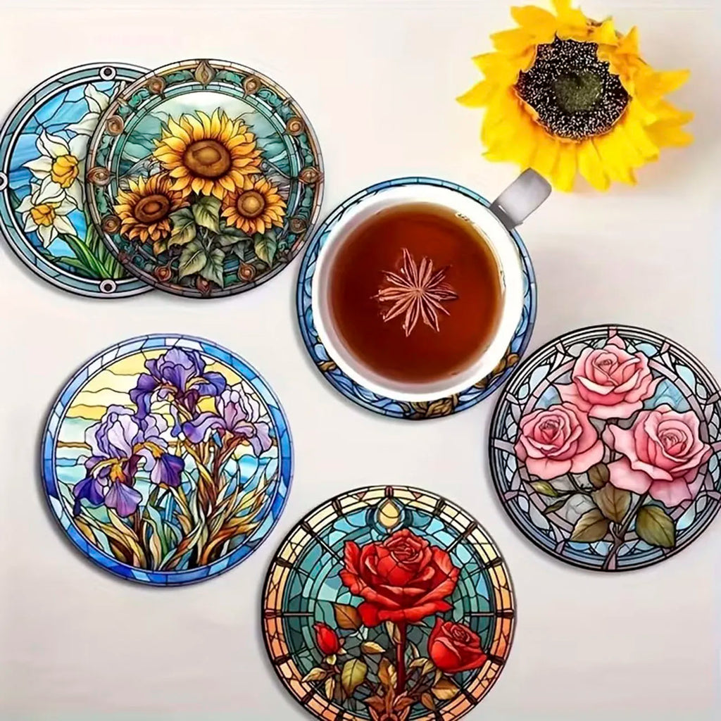 8-Piece Floral Themed Wooden Coaster Set, Round and Durable Composite Wooden Coaster for Desktop Protection
