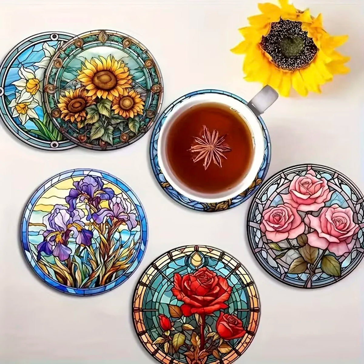 8-Piece Floral Themed Wooden Coaster Set, Round and Durable Composite Wooden Coaster for Desktop Protection