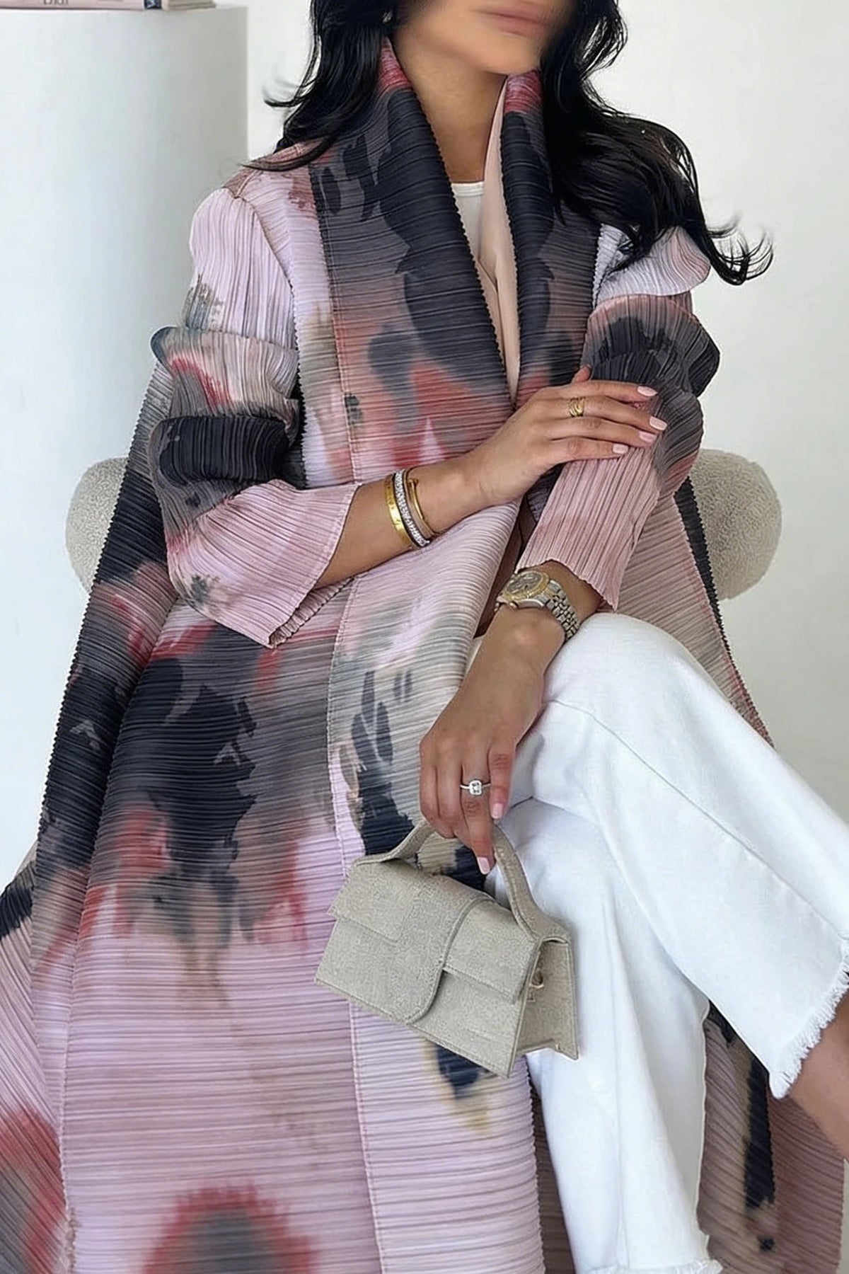 Miyake Pleated Long Sleeve Turndown Collar Cardigan Fashionable Printed Abaya Women 2026 New Dubai Designer Elegant Loose Coats