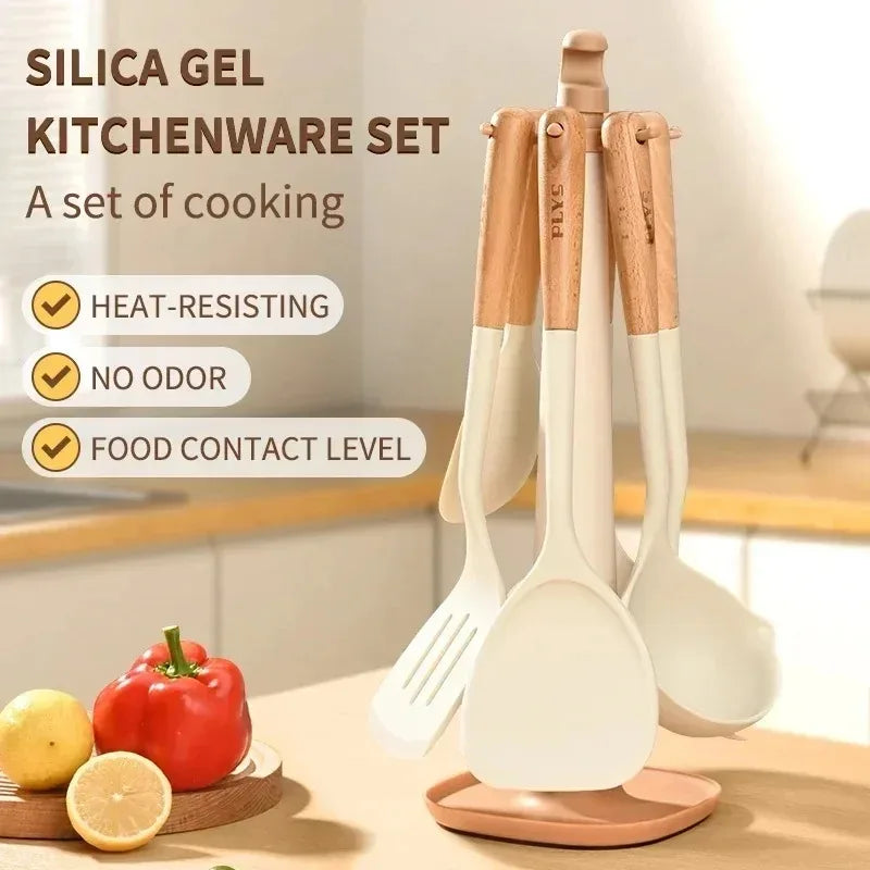 Silicone kitchenware set, durable hardwood handle, heat resistant tools, non-stick pan long handle porridge spoon Sieve Spatula