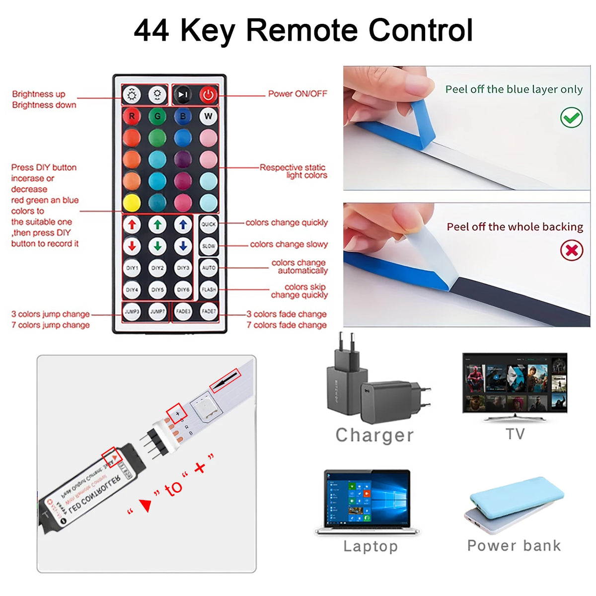 Led Strip Lights with 44 Key Remote Control 1m 5m 10m 20m RGB Tape Led Wall Room for Home Bedroom Party Decor TV Backlight