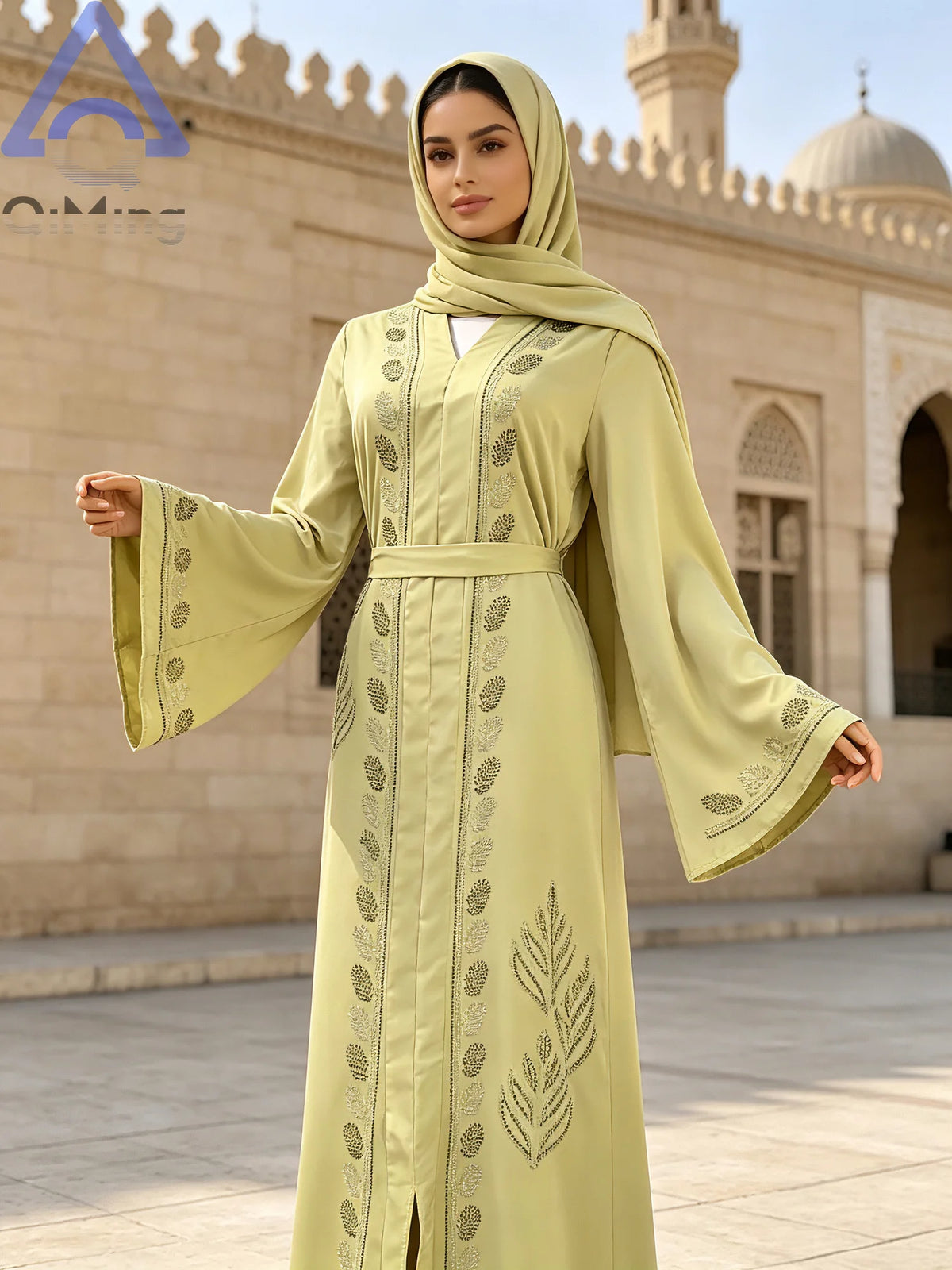 Traditional Moroccan Abaya Women Arabian Diamond Embellished Dress Muslim Romance Soft Outfit Turban For Eid Palestinian Prayer