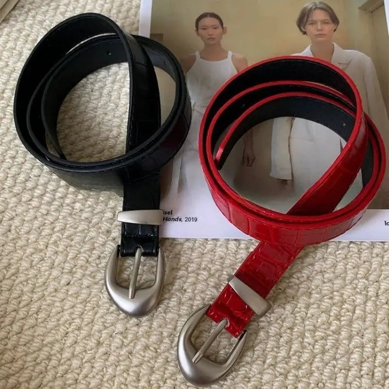 Vintage Classic Crocodile Pattern Belts Y2K Women Belt American Fashion Belt Simple Pin Buckle Red Black Skirts Jeans Waist Belt