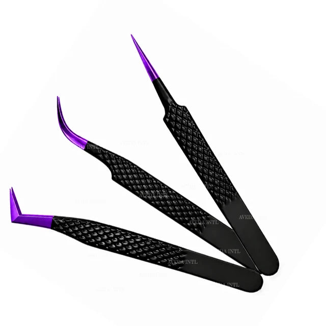 Purple Eyelash Tweezers Stainless Steel Beauty Tool Fine Tip Curved Points for Salon Grooming and Eyelash Extension Tools