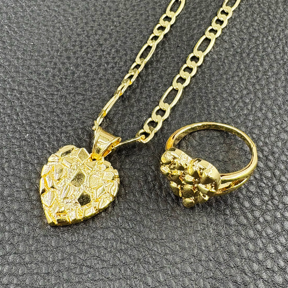 14k gold plated heart shape necklace and nugget ring hip hop fashion jewelry set with cookie texture for women