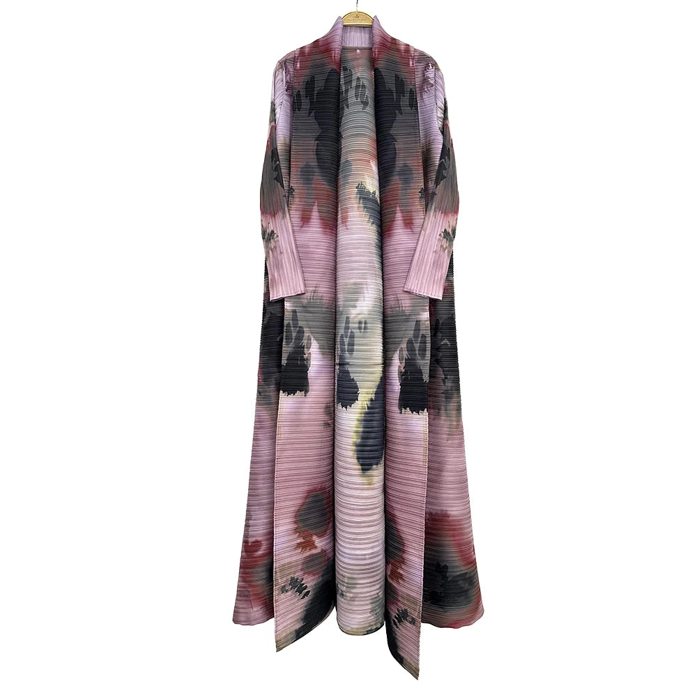 Miyake Pleated Long Sleeve Turndown Collar Cardigan Fashionable Printed Abaya Women 2026 New Dubai Designer Elegant Loose Coats