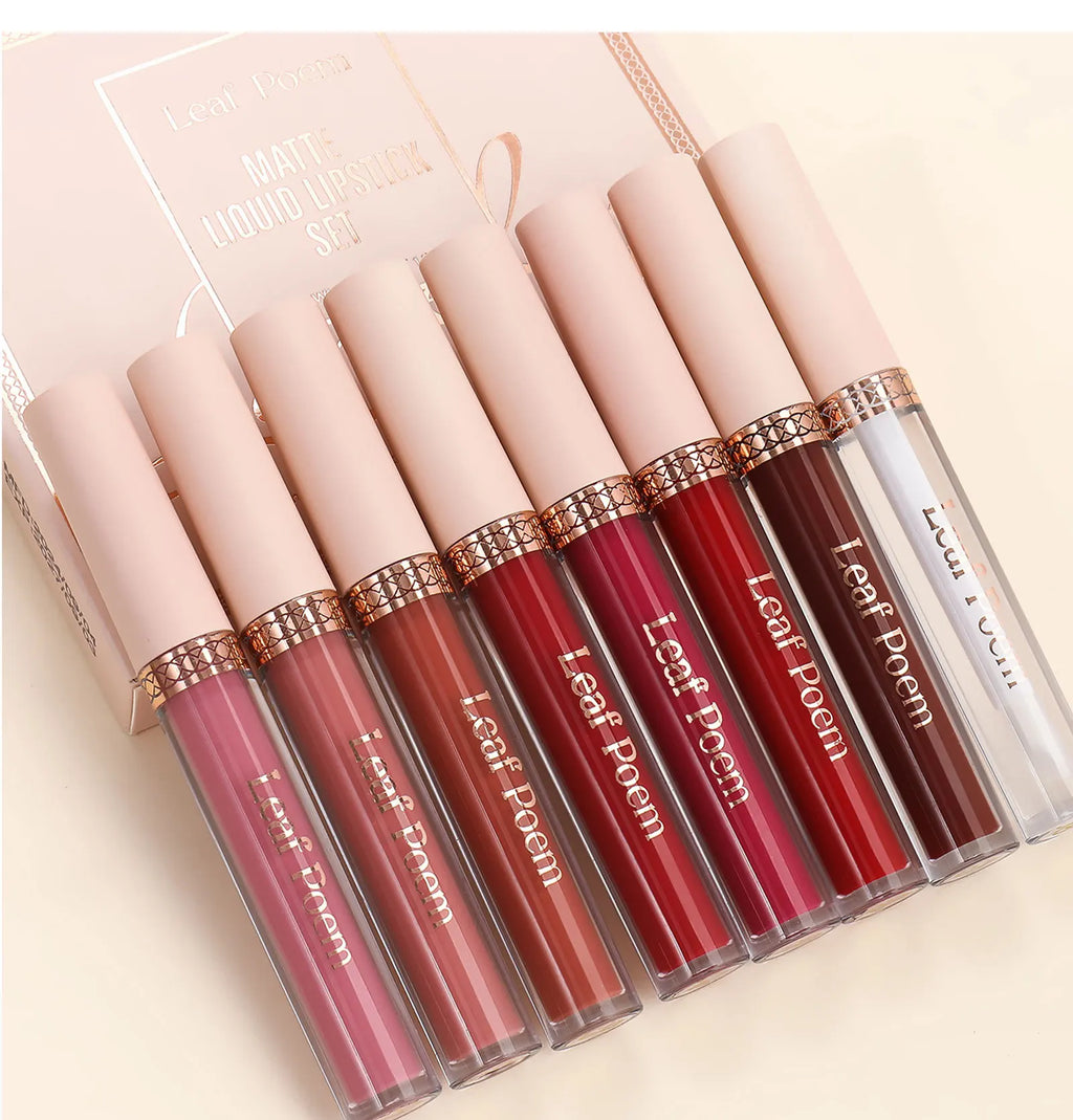 8-Piece Set of Matte Liquid Lipsticks and Lip Glazes - Waterproof, Non-Stick, Long-Lasting Lip Color in Brown, Pink, Purple, and Red Shades, Suitable for Daily Use and Parties
