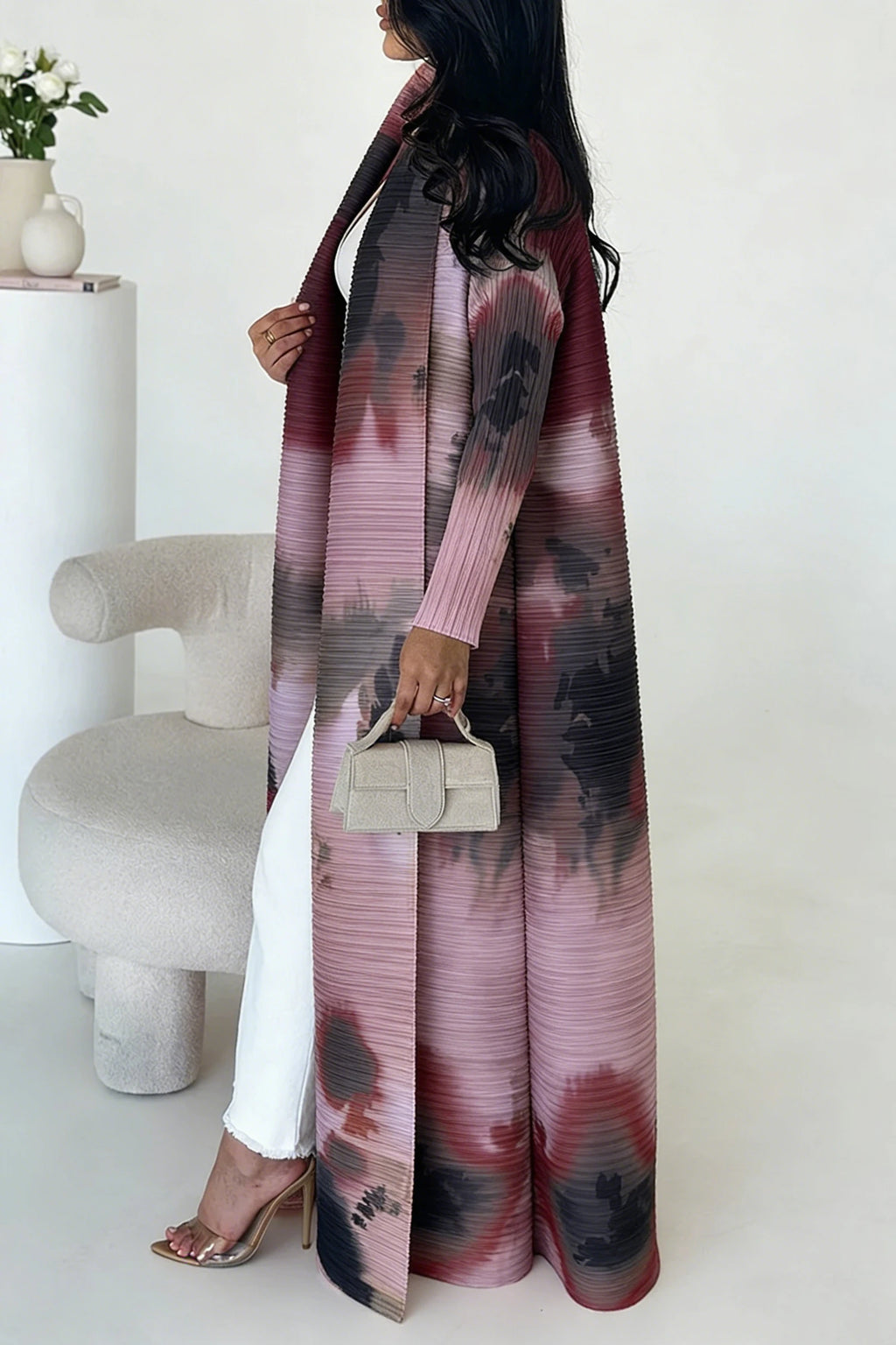 Miyake Pleated Long Sleeve Turndown Collar Cardigan Fashionable Printed Abaya Women 2026 New Dubai Designer Elegant Loose Coats