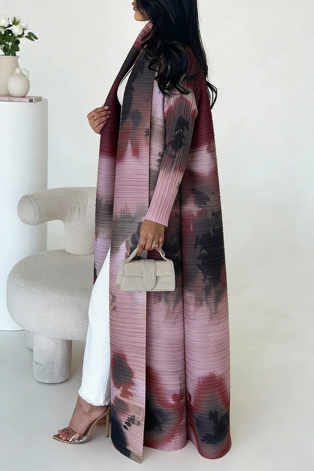 Miyake Pleated Long Sleeve Turndown Collar Cardigan Fashionable Printed Abaya Women 2026 New Dubai Designer Elegant Loose Coats