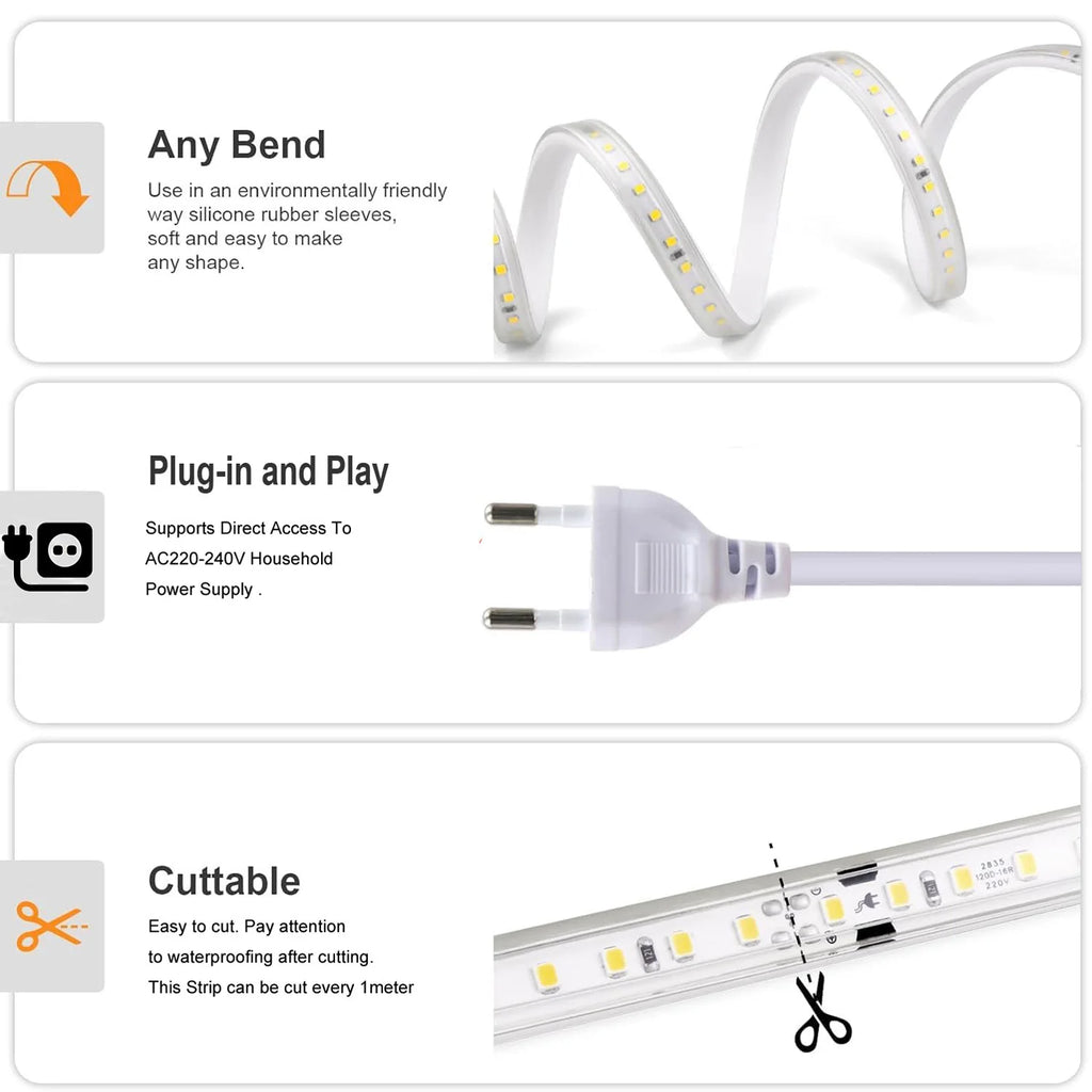 LED Strip Lights 120LEDs/M Waterproof Indoor&Outdoor Rope Light for Garden Patio Kitchen Bedroom Living Room Under Cabinet Decor