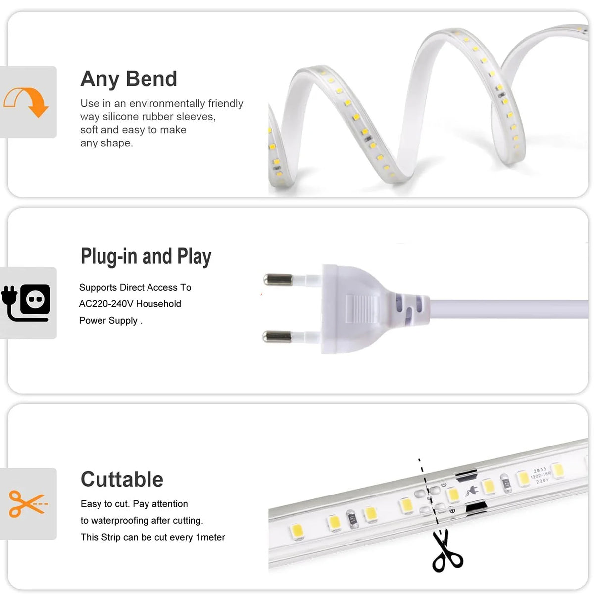 LED Strip Lights 120LEDs/M Waterproof Indoor&Outdoor Rope Light for Garden Patio Kitchen Bedroom Living Room Under Cabinet Decor