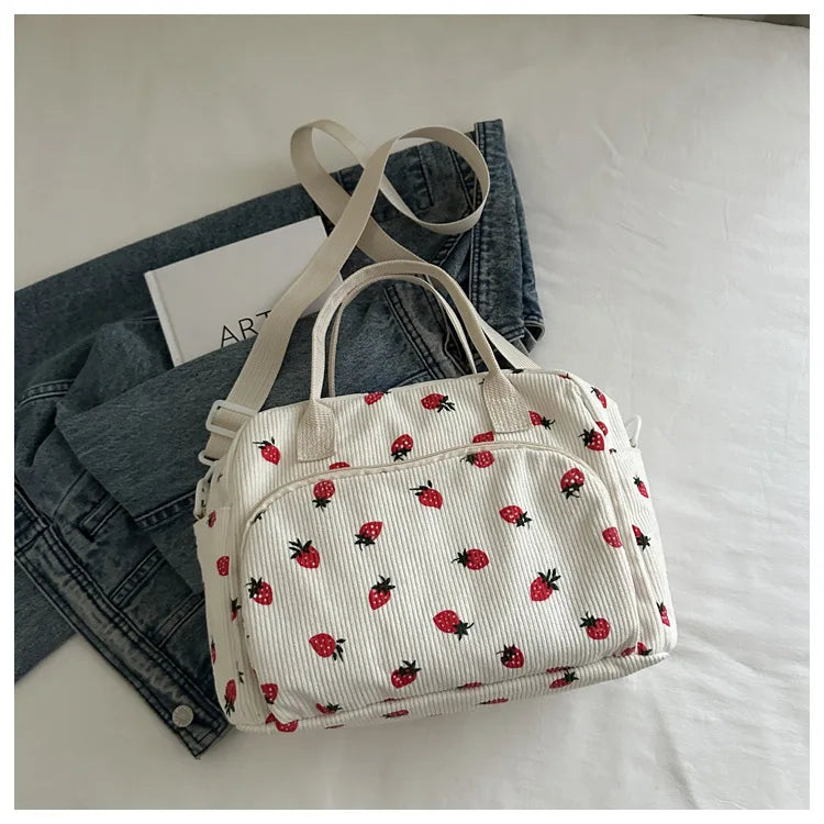 Strawberry Shoulder Bag Fashion Corduroy tote bags Large Capacity females women handbag Adjustable Strap Outdoor Travel Bag 2025