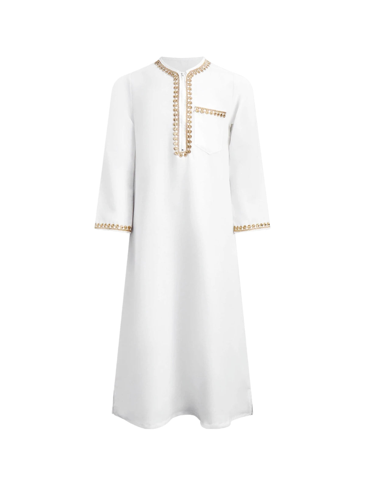 Boys Arabic Thobe White Gold Embroidered Long Sleeve Robe with Kufi Hat Traditional Middle East Dishdasha Kids Elegant Outfit Pe