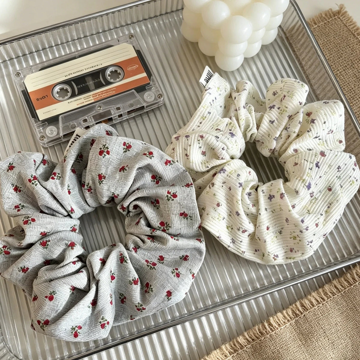 1PC New Style Floral Scrunchies For Women Elegant Ribbed Hair Ties Fashion Hair Accessories For Daily Wear