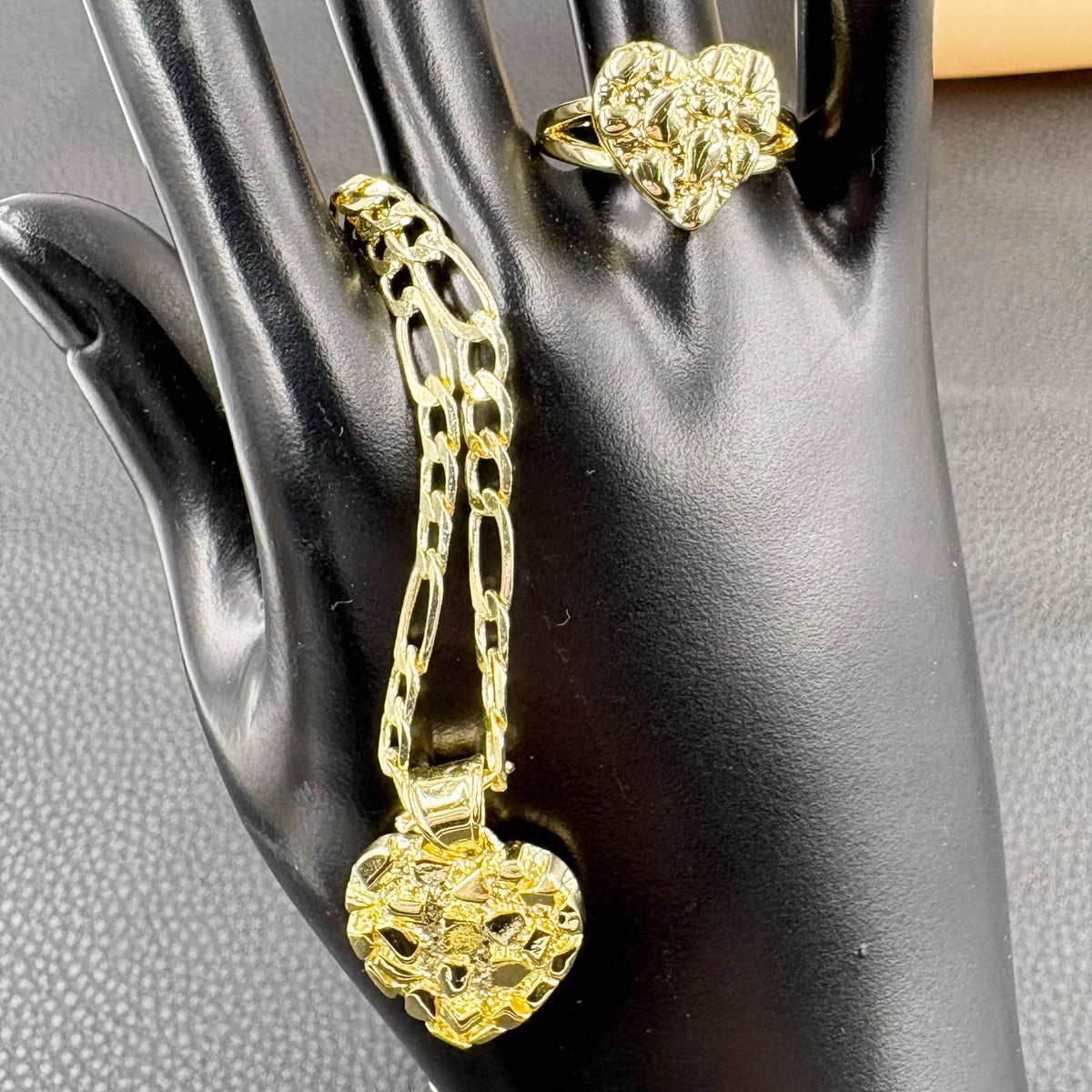 14k gold plated heart shape necklace and nugget ring hip hop fashion jewelry set with cookie texture for women