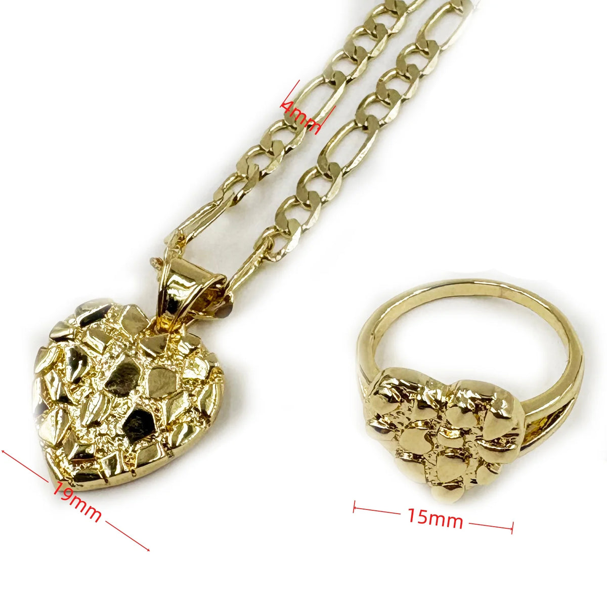 14k gold plated heart shape necklace and nugget ring hip hop fashion jewelry set with cookie texture for women