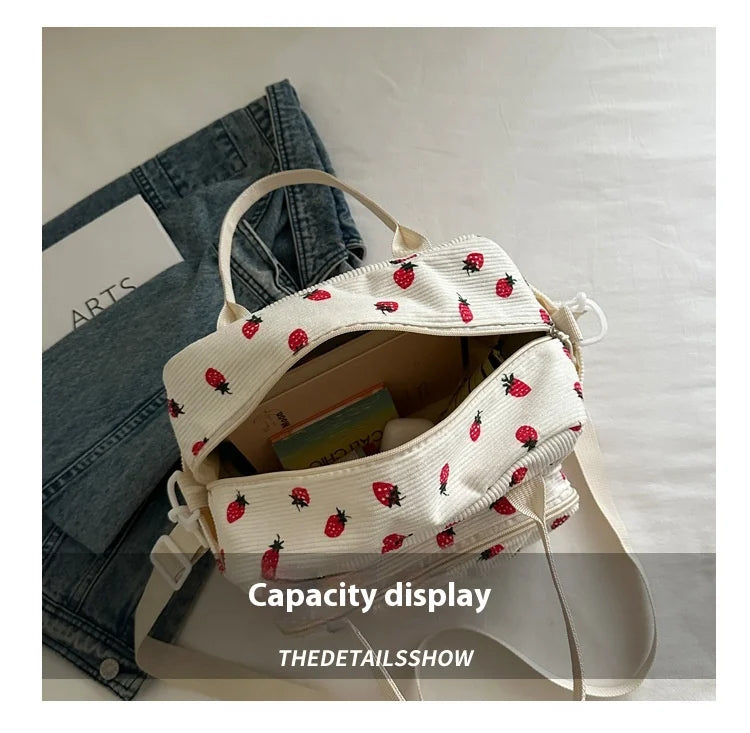 Strawberry Shoulder Bag Fashion Corduroy tote bags Large Capacity females women handbag Adjustable Strap Outdoor Travel Bag 2025