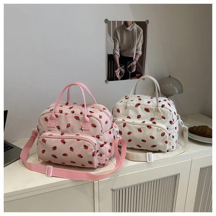Strawberry Shoulder Bag Fashion Corduroy tote bags Large Capacity females women handbag Adjustable Strap Outdoor Travel Bag 2025