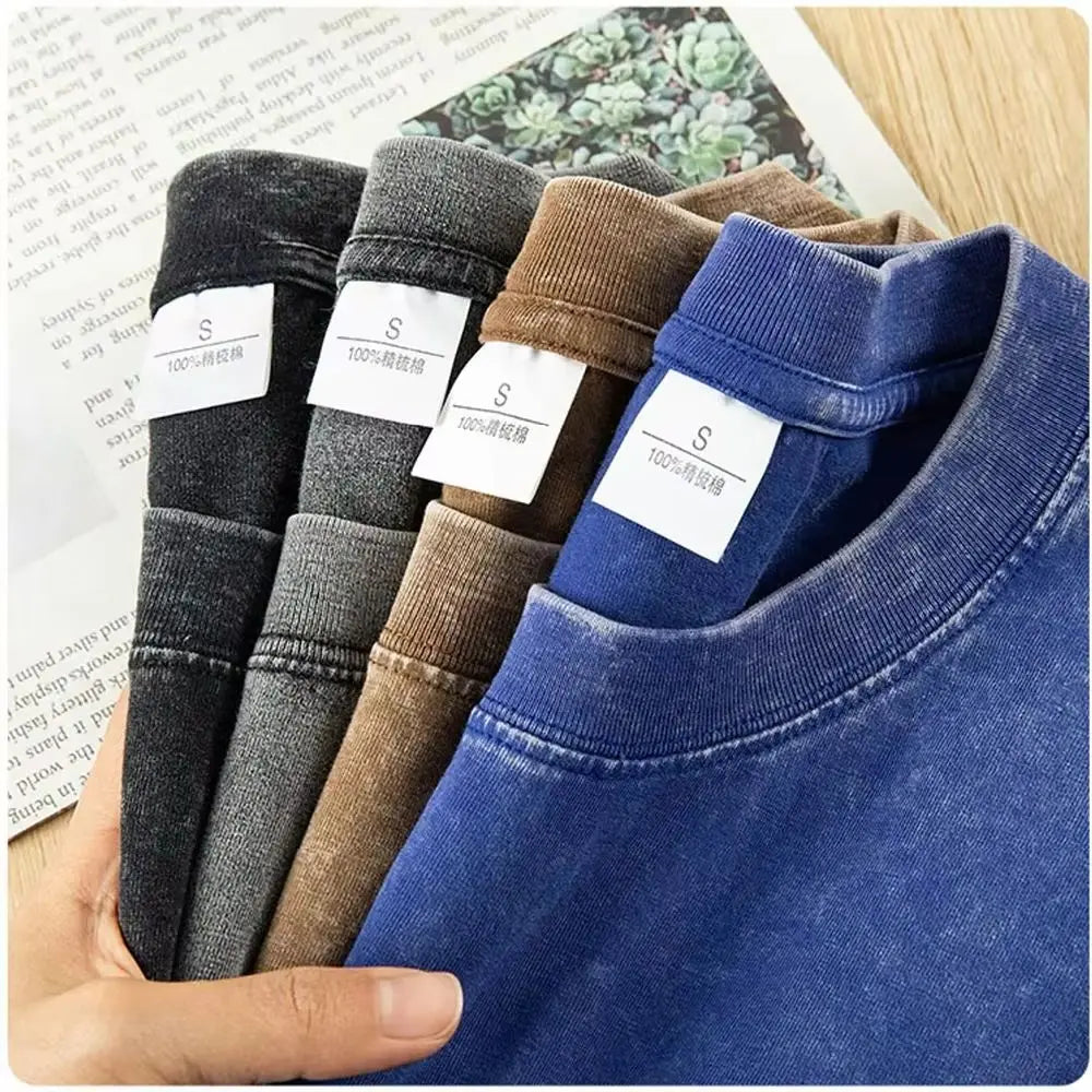 Washed And Distressed 230g Heavyweight Cotton Short Sleeved T-shirt Versatile Men Women Summer Solid Color Loose T Shirts Top