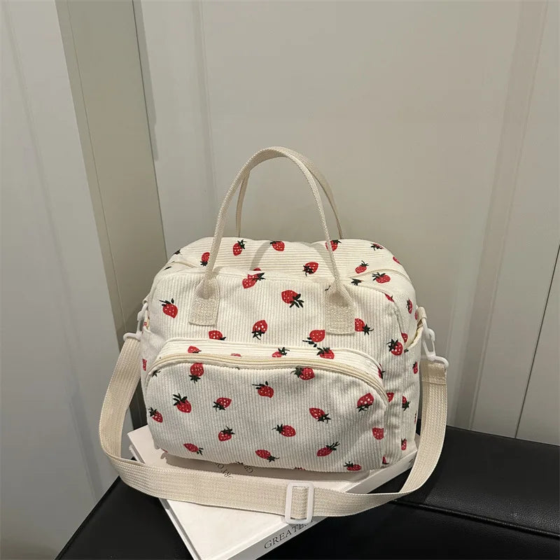 Strawberry Shoulder Bag Fashion Corduroy tote bags Large Capacity females women handbag Adjustable Strap Outdoor Travel Bag 2025