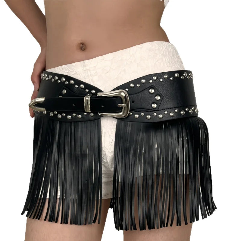 Retro Belt Western Cowboy Fringe Belt Bohemian-style Wide Waist Belt With Tassels Gothic Punk Fashion Belt Pu Material