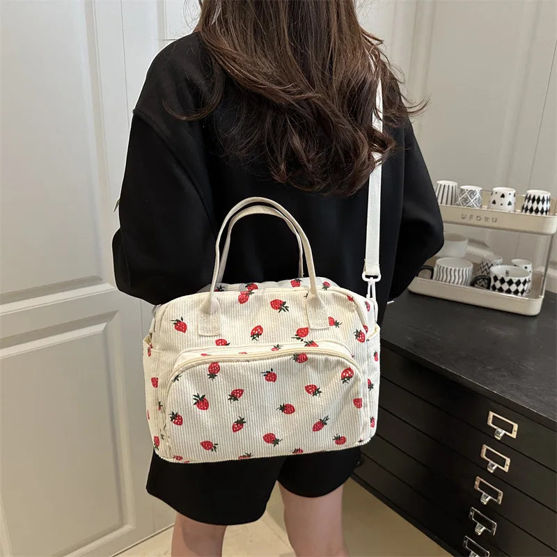 Strawberry Shoulder Bag Fashion Corduroy tote bags Large Capacity females women handbag Adjustable Strap Outdoor Travel Bag 2025