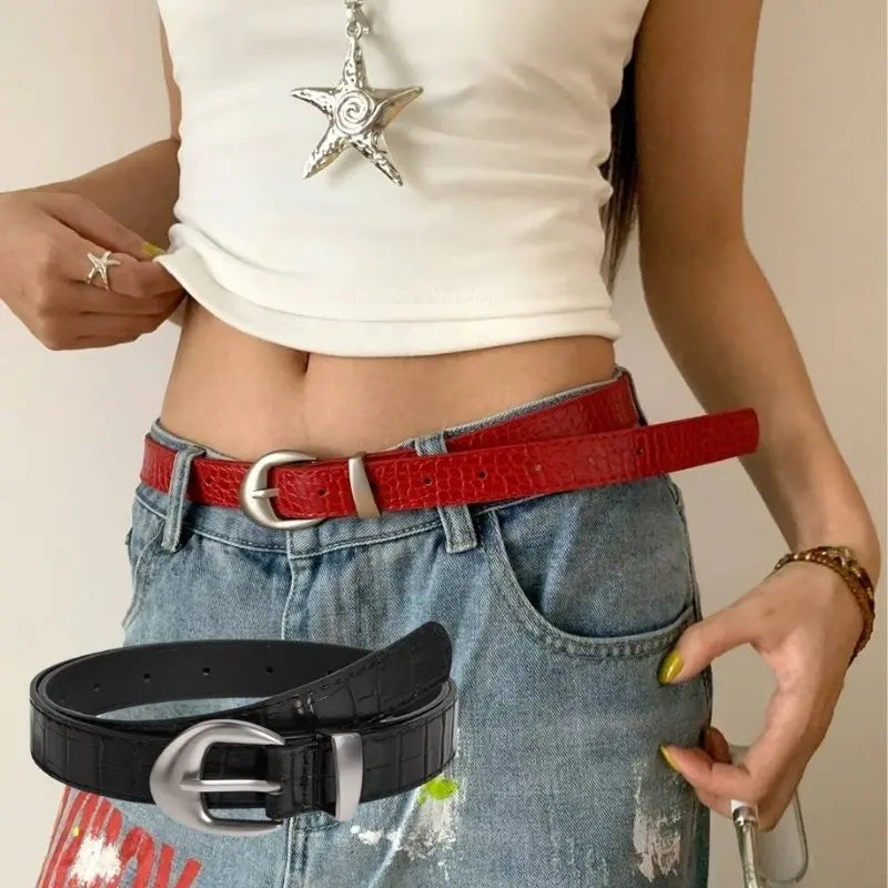 Vintage Classic Crocodile Pattern Belts Y2K Women Belt American Fashion Belt Simple Pin Buckle Red Black Skirts Jeans Waist Belt