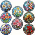 8-Piece Floral Themed Wooden Coaster Set, Round and Durable Composite Wooden Coaster for Desktop Protection