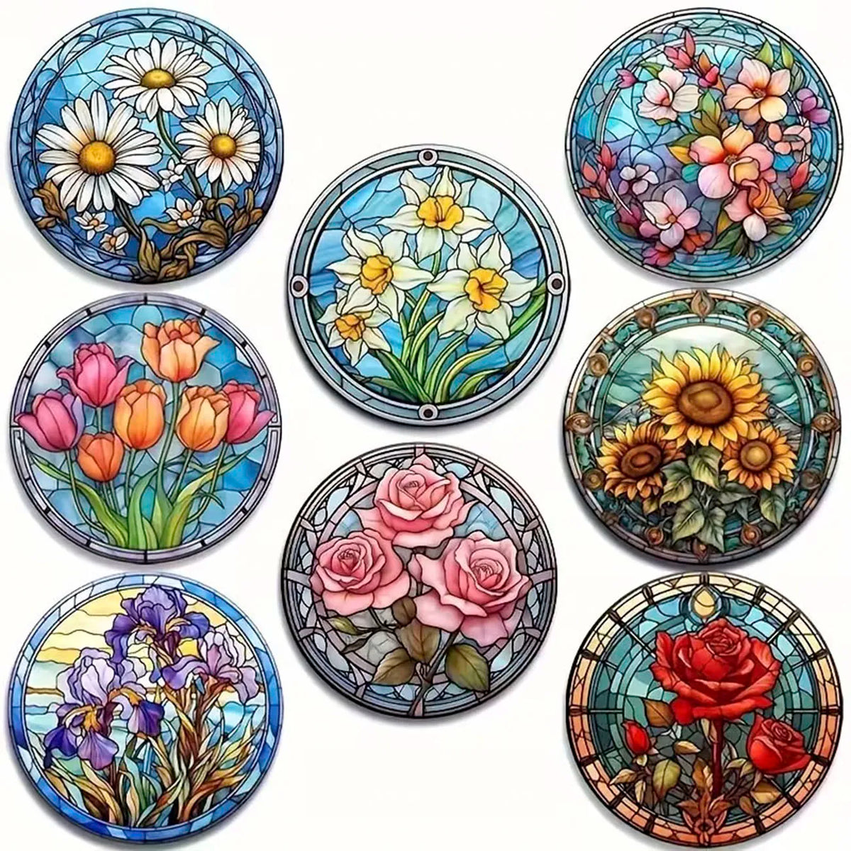 8-Piece Floral Themed Wooden Coaster Set, Round and Durable Composite Wooden Coaster for Desktop Protection