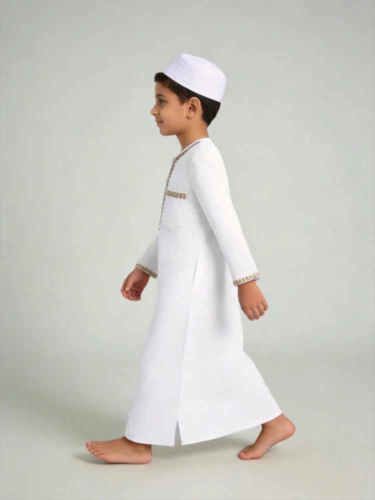 Boys Arabic Thobe White Gold Embroidered Long Sleeve Robe with Kufi Hat Traditional Middle East Dishdasha Kids Elegant Outfit Pe