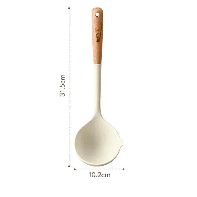 Silicone kitchenware set, durable hardwood handle, heat resistant tools, non-stick pan long handle porridge spoon Sieve Spatula