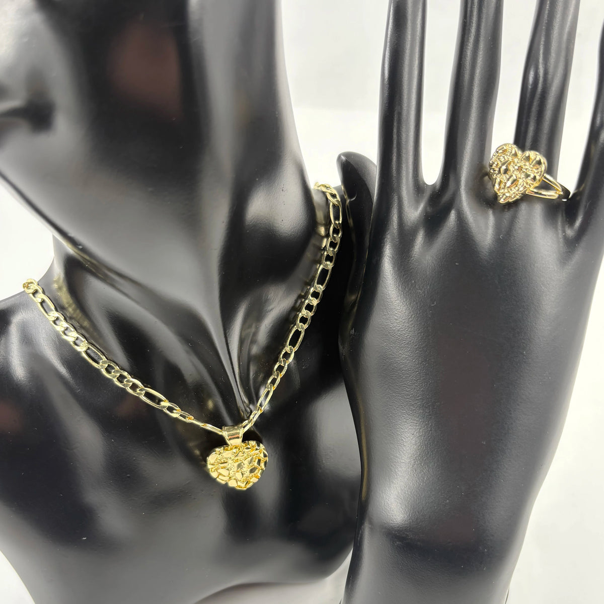 14k gold plated heart shape necklace and nugget ring hip hop fashion jewelry set with cookie texture for women