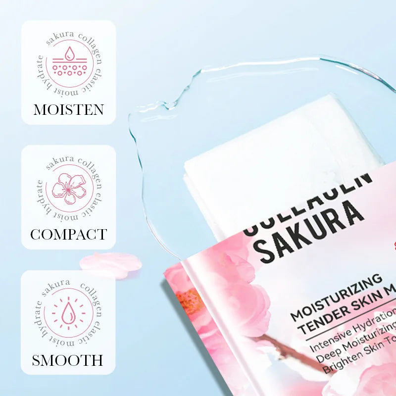 5pcs SADOER Sakura Face Mask Facial Skincare Moisturizing Brightening Hydrating Firming Collagen Facial Masks Face Sheet Mask