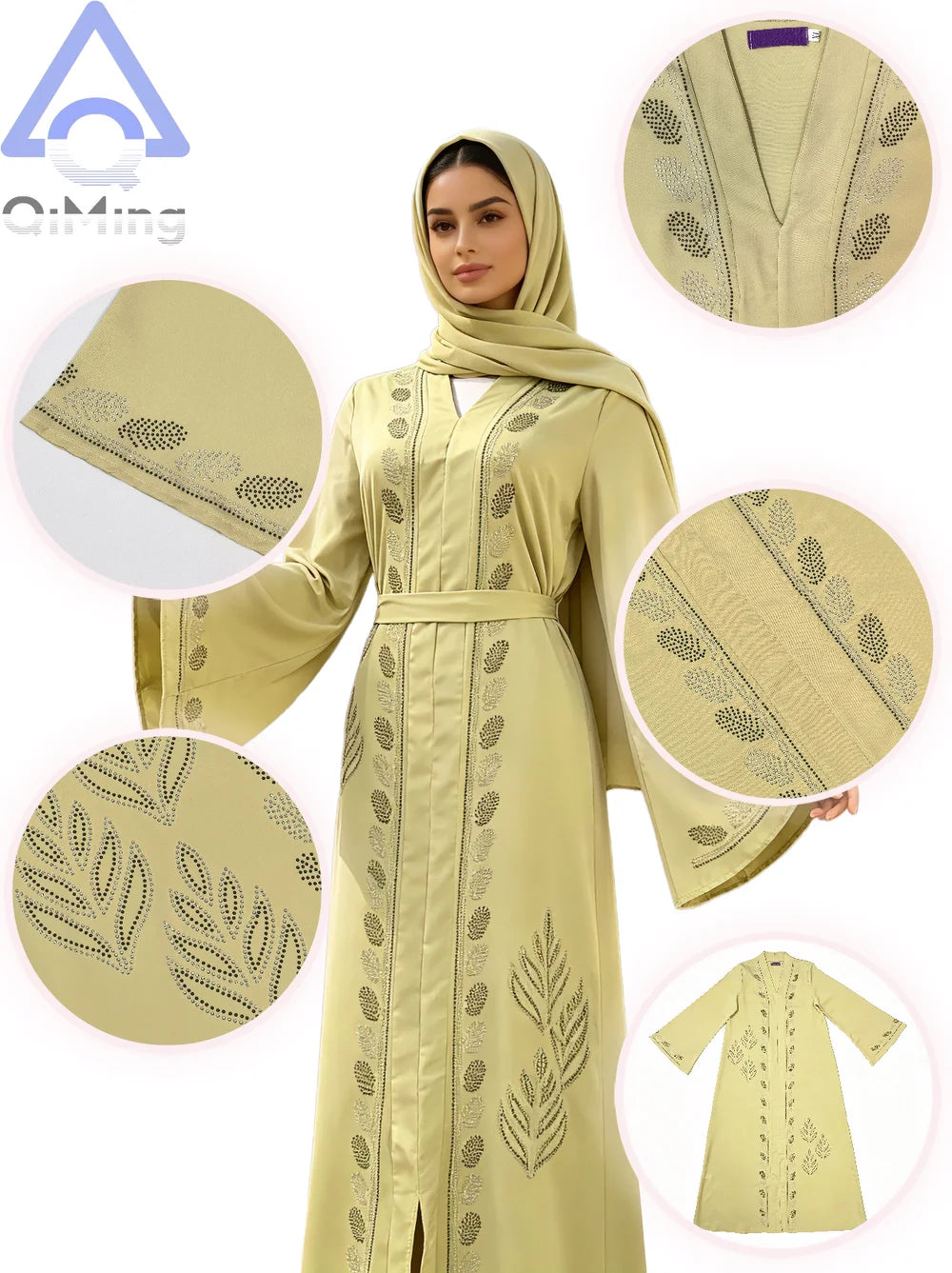 Traditional Moroccan Abaya Women Arabian Diamond Embellished Dress Muslim Romance Soft Outfit Turban For Eid Palestinian Prayer