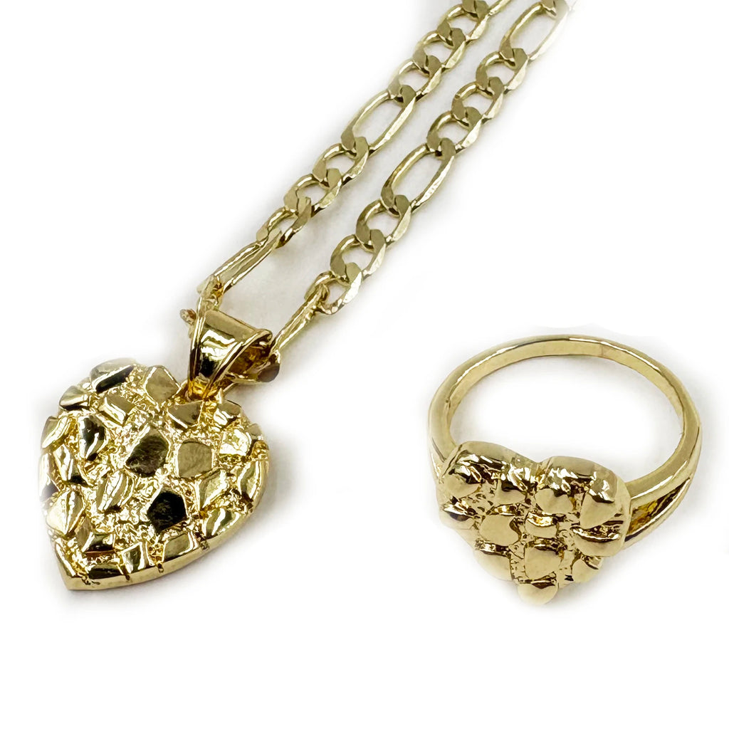 14k gold plated heart shape necklace and nugget ring hip hop fashion jewelry set with cookie texture for women