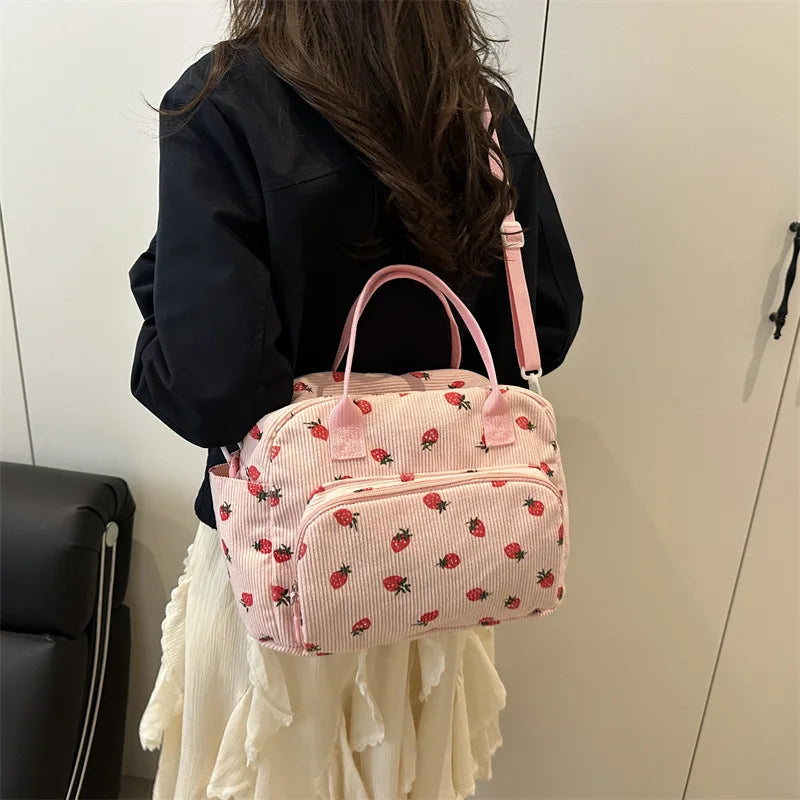 Strawberry Shoulder Bag Fashion Corduroy tote bags Large Capacity females women handbag Adjustable Strap Outdoor Travel Bag 2025