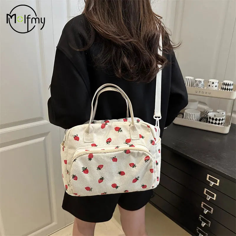 Strawberry Shoulder Bag Fashion Corduroy tote bags Large Capacity females women handbag Adjustable Strap Outdoor Travel Bag 2025