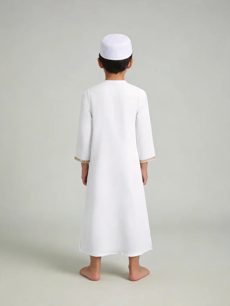 Boys Arabic Thobe White Gold Embroidered Long Sleeve Robe with Kufi Hat Traditional Middle East Dishdasha Kids Elegant Outfit Pe